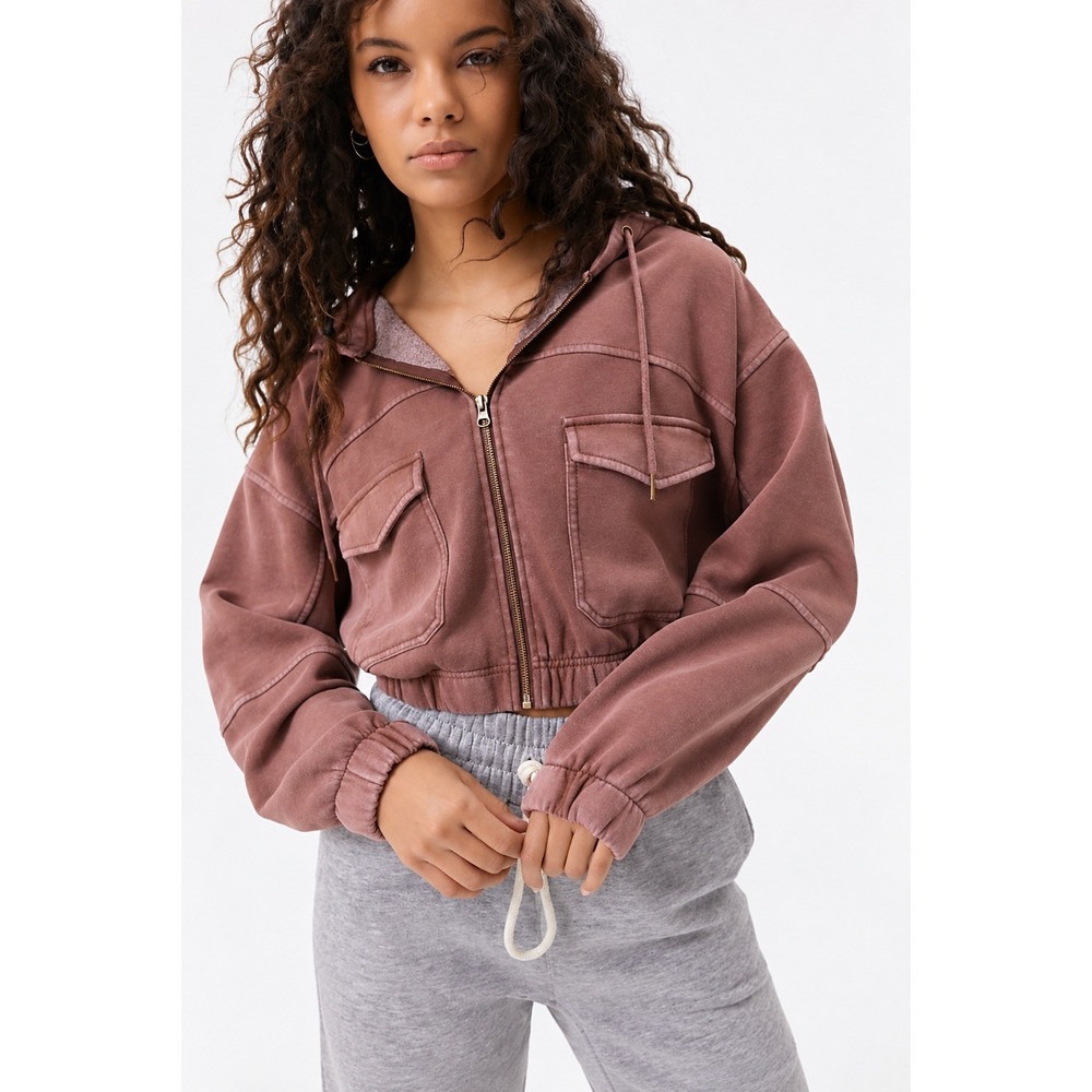 Urban Outfitters Y2K Cropped Zip Up Hoodie Mauve Soft Utility Streetwear Small